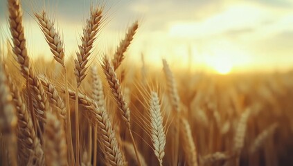 Fototapeta premium Sunrise Over Golden Wheat Field with Sun Rays and Ears of Grain