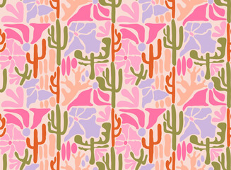 Desert matisse seamless pattern. Art nouveau landscape with cactus. Tile seamless pattern in groovy 60s 70s vibes.
