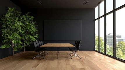 Modern conference room interior with stylish furniture and large windows allowing natural light and greenery views