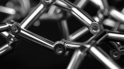 Close-up of interconnected metallic links creating an abstract structure against a dark background
