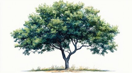 Fototapeta premium Lush green tree standing alone on a grassy patch, surrounded by a serene, empty landscape