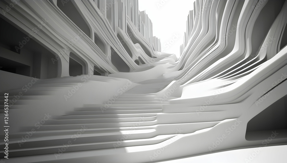 Poster abstract grayscale architectural design showcasing a futuristic building with winding staircases and
