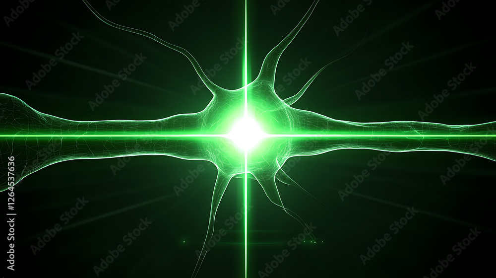 Poster neural network concept with green light and abstract data structure visualization in dark