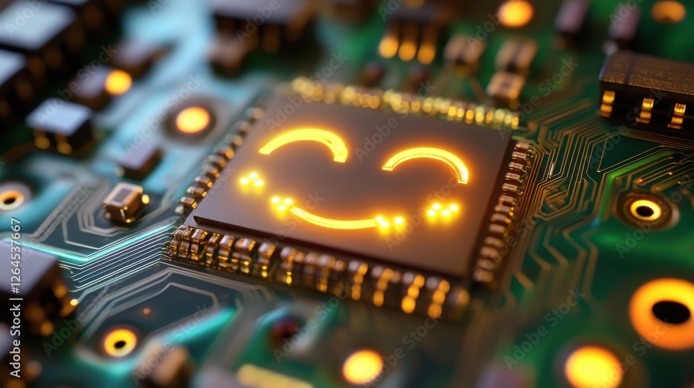 Poster close-up of illuminated circuit board with microchips.