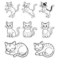 Hand drawn cute cats outline vector illustration set