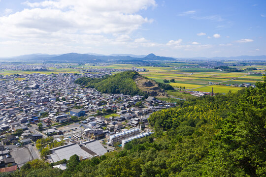 Omihachiman town and Lake Biwa, view from the top of Mt. Hachiman in Shiga prefecture,