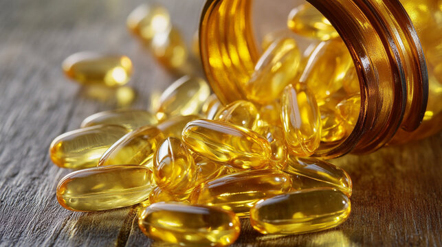 food supplement with yellow soft gel capsules spilling out	
