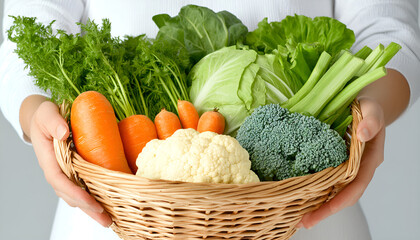 Organic Vegetables in basket, close up. Hands holding various raw healthy vegetables, diet and detox concept, clean eating ingredients