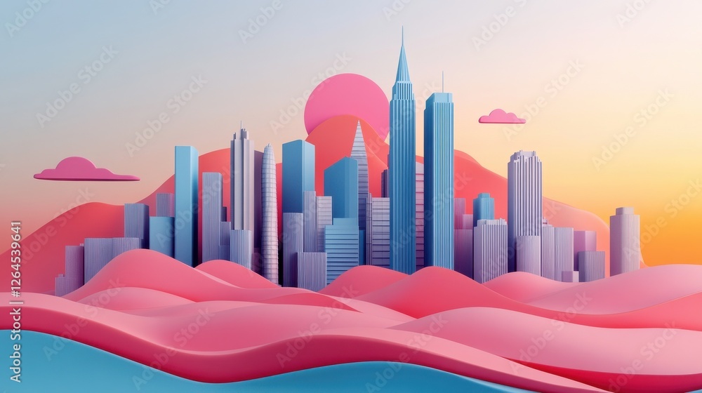Poster a 2d illustration of a cityscape with 3d skyscrapers emerging from the flat design, creating a dynam