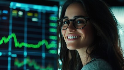 Woman Analyzes Data Graphs, Charts, and Market Trends with a Smile, Showing Success in Finance and Technology.