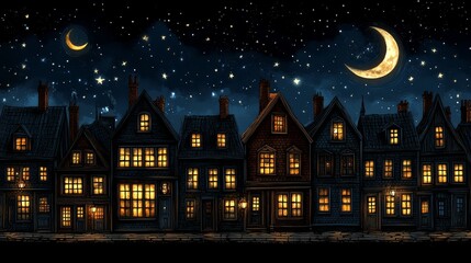Enchanting Nightscape Town Glowing Homes Under Crescent Moon and Starry Sky Captivating Pixel Art Style and Nostalgic Aesthetic
