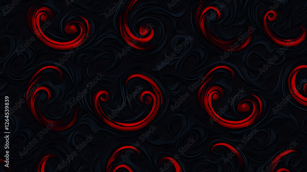 Poster ornate red scrollwork pattern on dark textured surface design intricate volutes artistic display