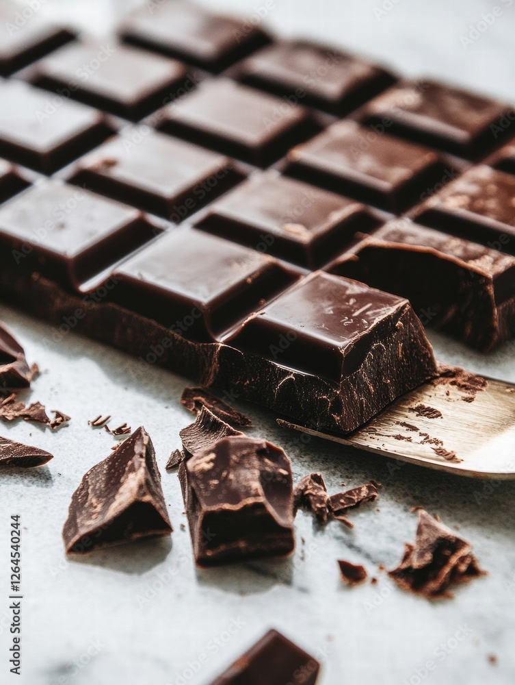 Poster dark chocolate squares arranged on a marble surface with some pieces broken and a gold colored knife