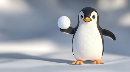 Fototapeta premium Cute cartoon penguin holding a snowball in a snowy landscape during winter season