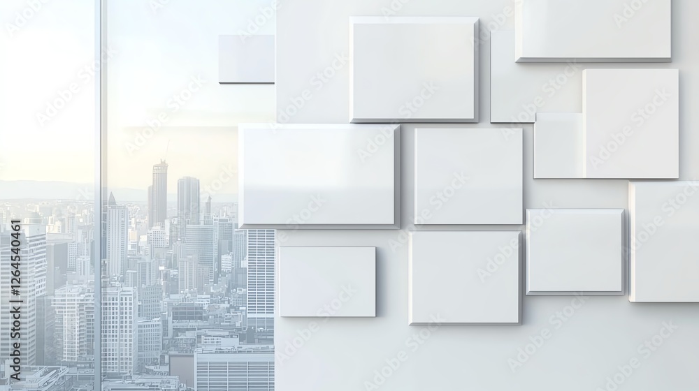 Poster modern abstract geometric design with cityscape in the background, blending art and architecture.