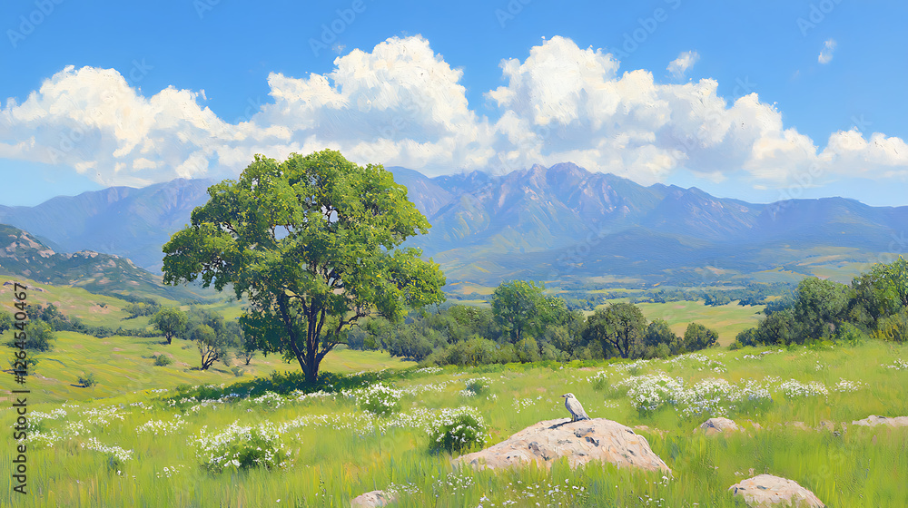 Poster painterly field with mountains and sky featuring a bird on rock composition in broad daylight settin