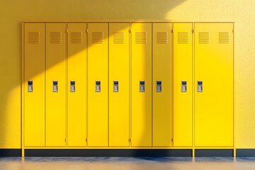 Yellow school lockers in hallway, sunlight shadows