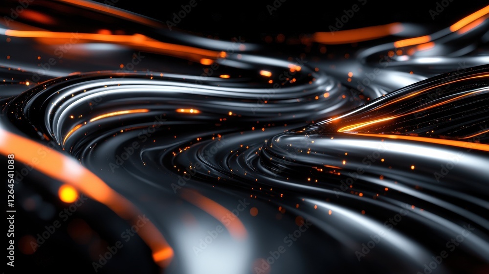 Poster generative ai illustration of abstract dark background with shiny curvy lines and glowing surface in