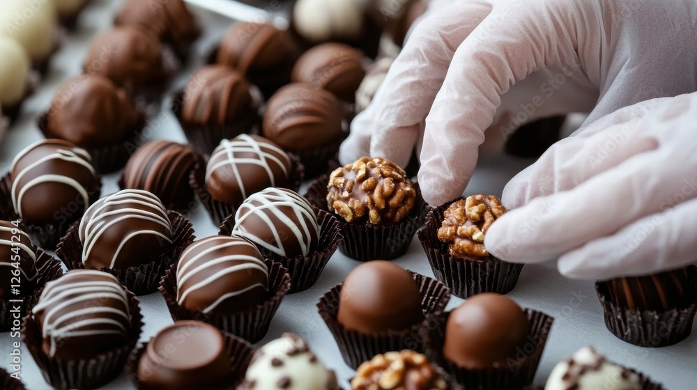Poster chocolate artisan carefully arranging assorted chocolate truffles and pralines for display during a 