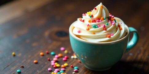 Whipped cream and colorful sprinkles add a sweet treat to this rich, dark liquid in a coffee cup, pastry, sprinkles