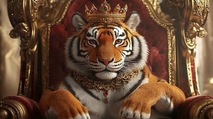Majestic Tiger with Crown Sitting on Throne Surrounded by Rich Royal Decor in Luxurious Setting