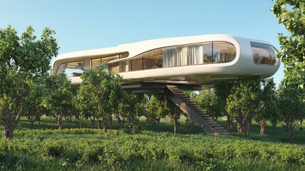 Futuristic Stilted Home with Shining Curved Roof Plates in Orchard Setting - Cinematic Ultra-Detailed Architecture