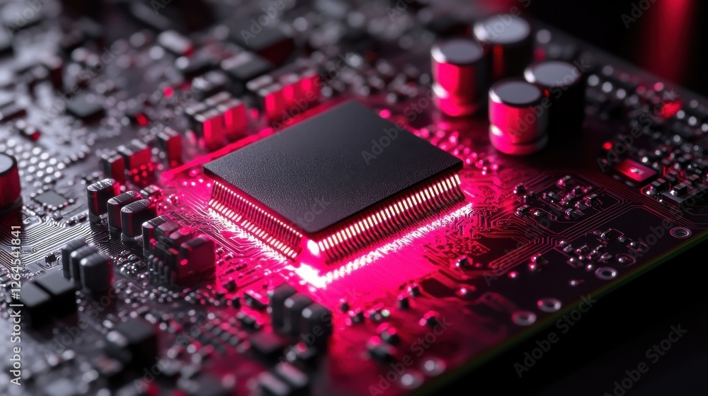 Poster close up of a microchip circuit interior of a computer with neon lights in detail, circuit board.