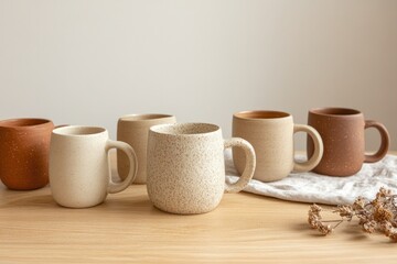 Elegant arrangement of handcrafted mugs showcasing unique textur