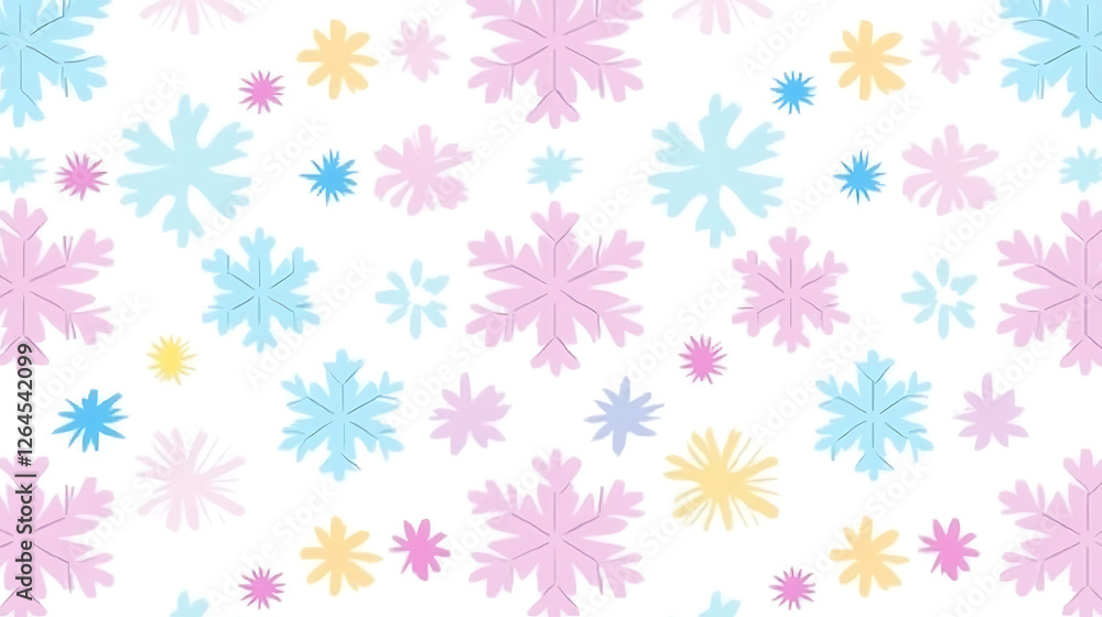 Poster pastel snowflake array a gentle winter pattern on white backdrop in delicate shades of pink and blue