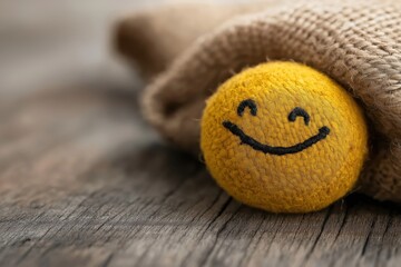 Happy and cheerful yellow smiley face resting under soft fabric on a rustic wooden surface