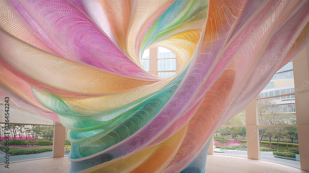 Poster pastel spectrum swirl installation in modern architectural space creates a dynamic visual vortex