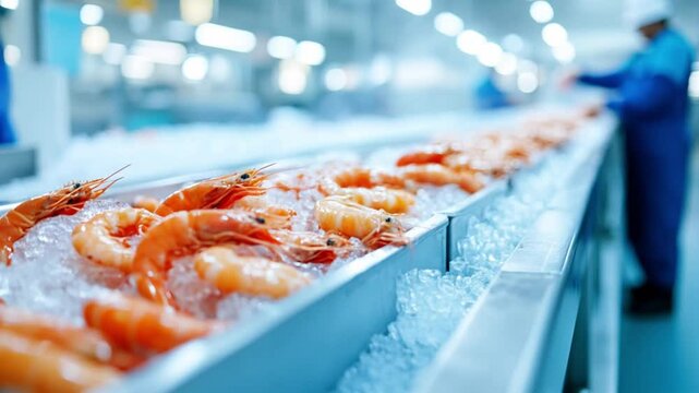 Fresh shrimp on ice in seafood processing factory, highlighting hard work of marine workers and quality of fresh seafood.