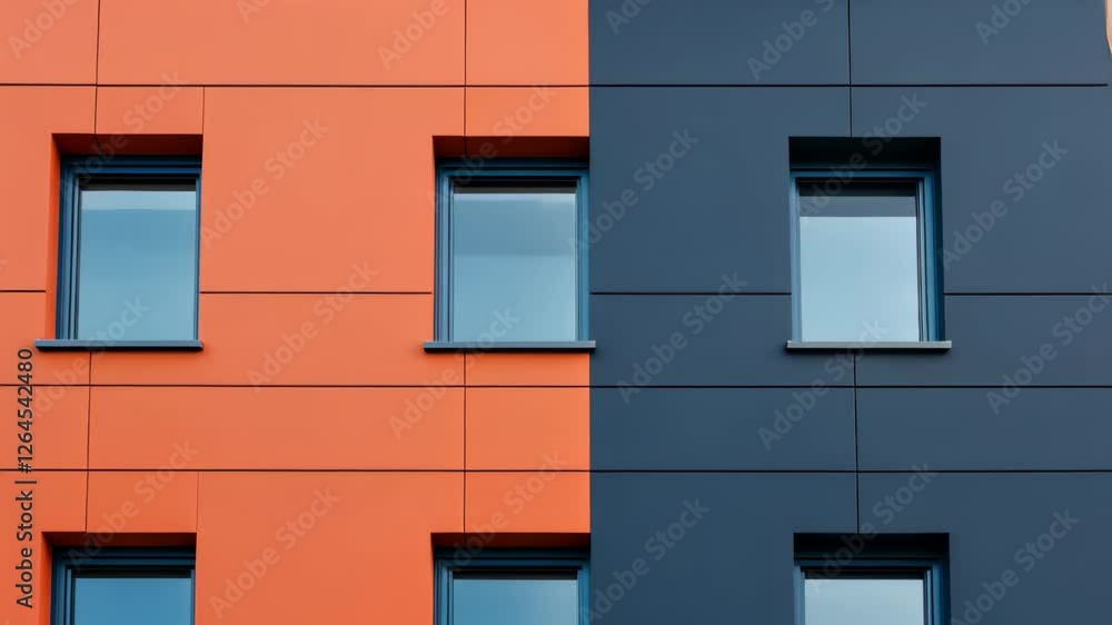Aufkleber modern building facade with geometric pattern in orange and blue contrasting walls focus on rectangu