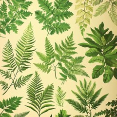 Vibrant Collection of Diverse Fern Leaves on Soft Background