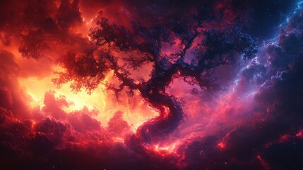 Fototapeta premium Cosmic tree intertwining with vibrant nebulae, glowing stars illuminating the surreal landscape