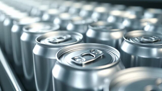 Shiny aluminum cans in rows at factory showcase beverage production with their gleaming metal surfaces.