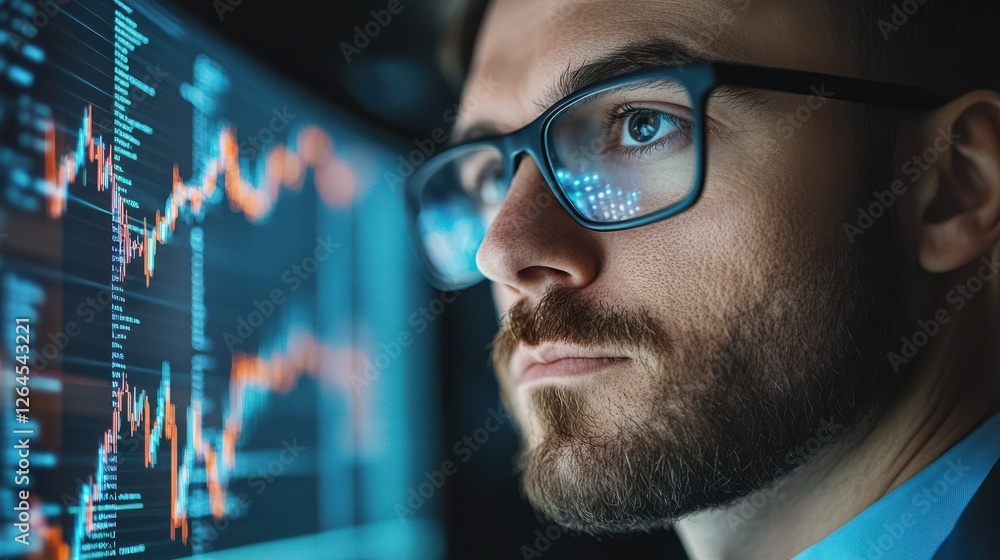 Poster focused crypto trader analyst wearing eyeglasses working looking at computer screen reflecting in gl