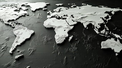 3D World Map White Relief on Black Background: A 3D world map with white relief details on a black background, showcasing global geography and design.