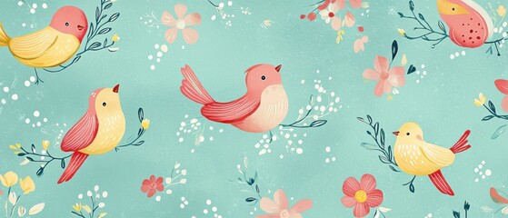 Colorful bird pattern on blue background with flowers, perfect for home decor, fabric design, or childrens room artwork. Vibrant nature illustration.