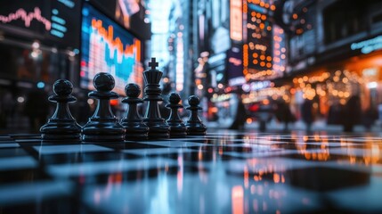 Chess Pieces on Urban Street with City Lights and Reflections