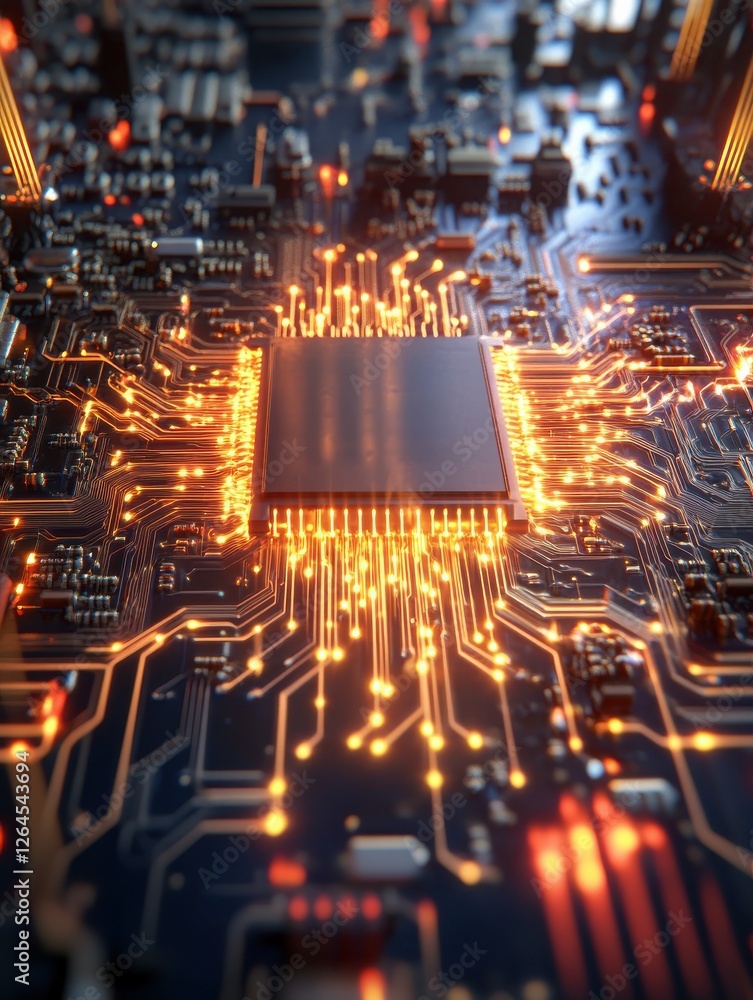 Poster a 3d rendering of a complex circuit board with bright electrical impulses traveling through it, symb
