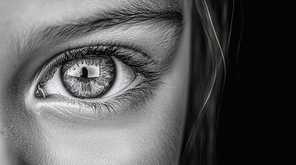 Fototapeta premium Close-up grayscale eye, girl's face, dark background, beauty