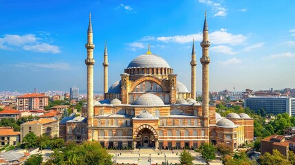 Fototapeta premium Stunning panoramic view of a historic mosque with minarets under a clear blue sky
