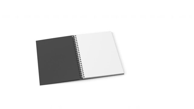 4K animation of a spiral-bound notebook opening with smooth page flips. Shows black cover and clean pages. Alpha channel included for easy compositing in presentations, branding, and design mockups