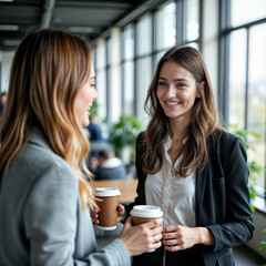 Two businesswomen standing in an office hallway with coffee cups, engaging in a friendly conversation.
