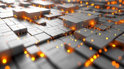 Abstract Digital Landscape: Glowing Cubes and Network Connections