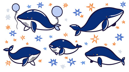 Playful Whales with Balloons Amidst Starry Skies Adorable Marine Life Cartoon Illustrations