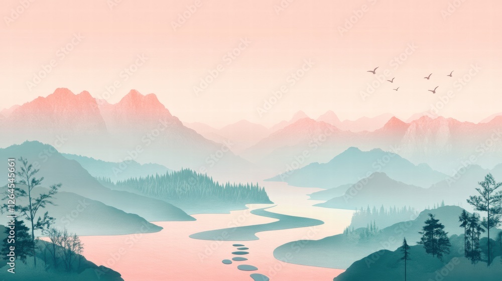Poster tranquil river winding through misty mountains at dawn with soft colors and serene atmosphere. gener