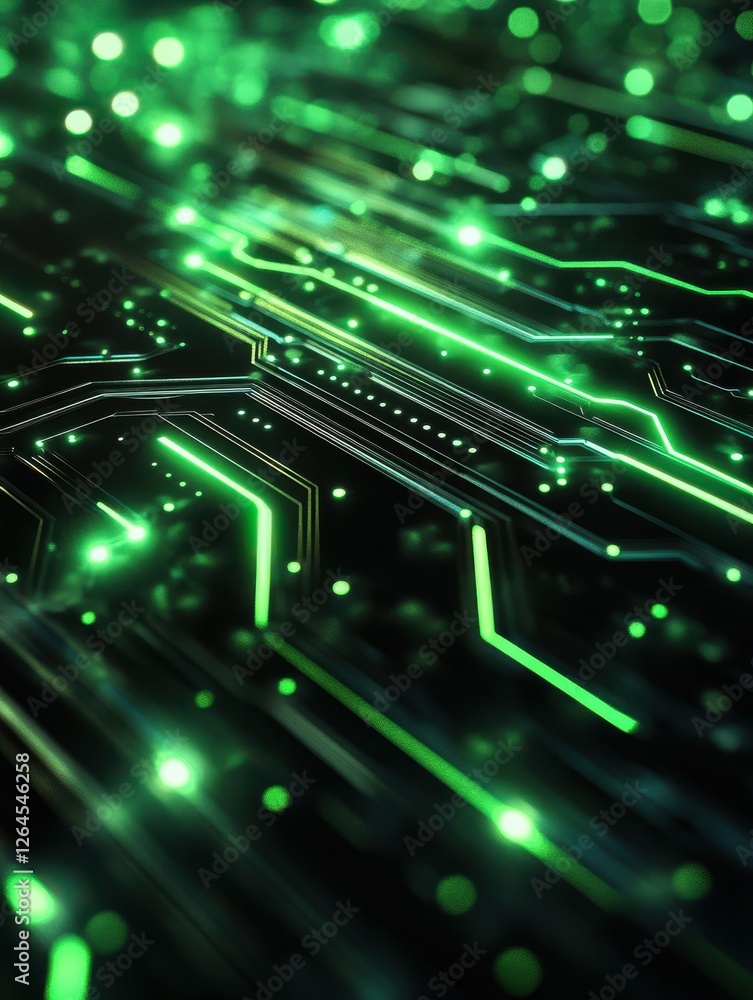 Poster a close-up view of a futuristic circuit board with glowing green lines, symbolizing technology, inno