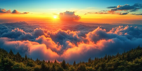 Fototapeta premium Beautiful mountain views in the rainy season, green vegetation covers the hills and a sea of ​​mist rises from the valley